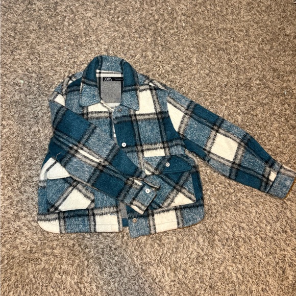 Zara Jackets & Blazers - Zara Teal and White Plaid Kids Shacket